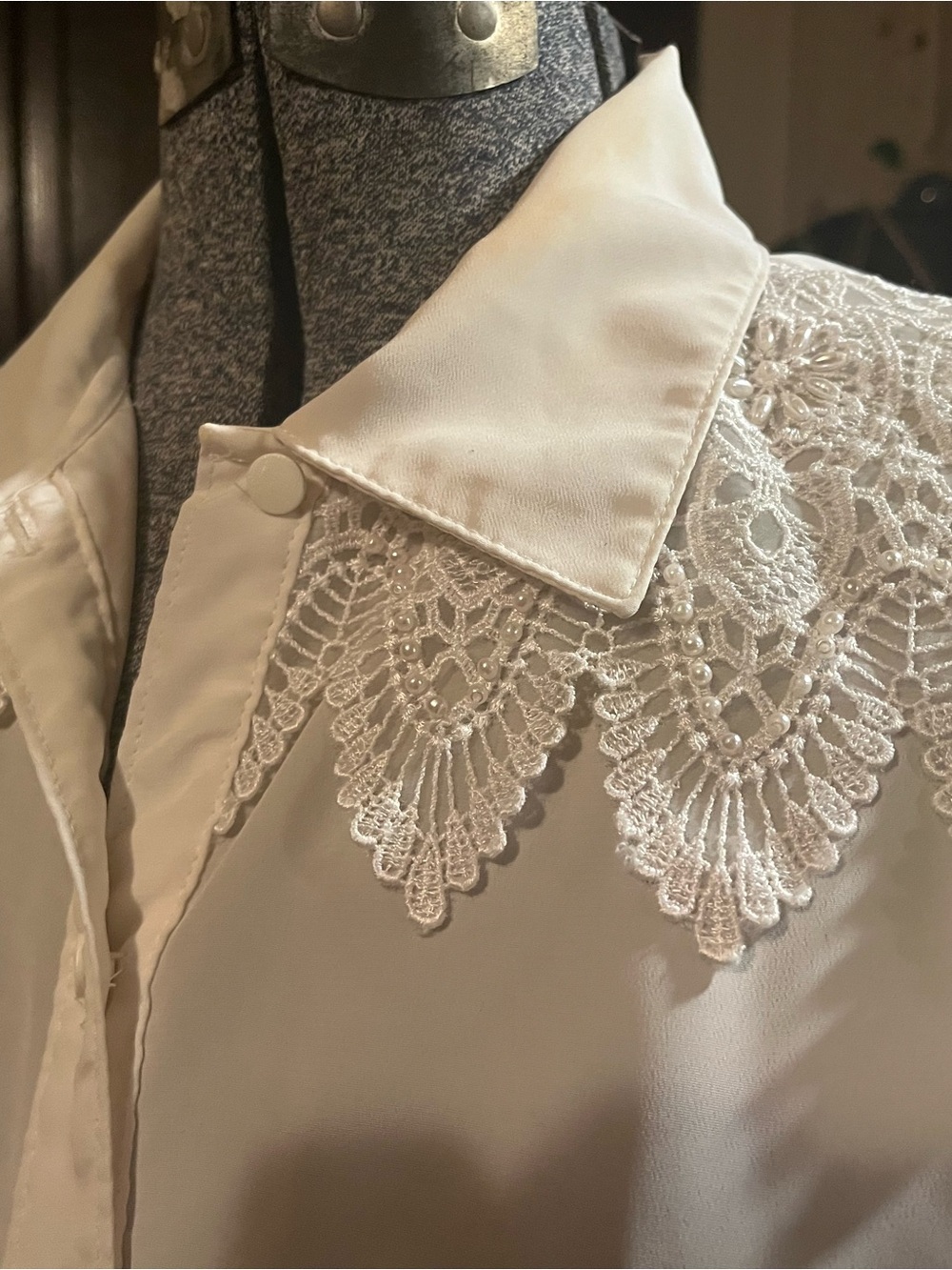 Delicate Lace Collar Button-Up Blouse - Cream